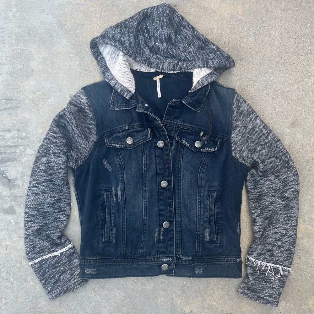 Free People Jean Jacket Womens S Blue Gray Distressed Hooded Denim Sweatshirt